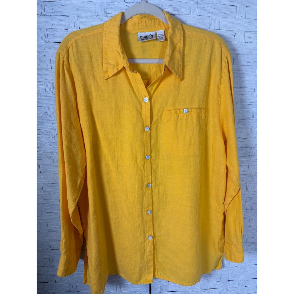 Chicos Design Womens Blouse Yellow 100% Linen Button Down Long Sleeve  Costal